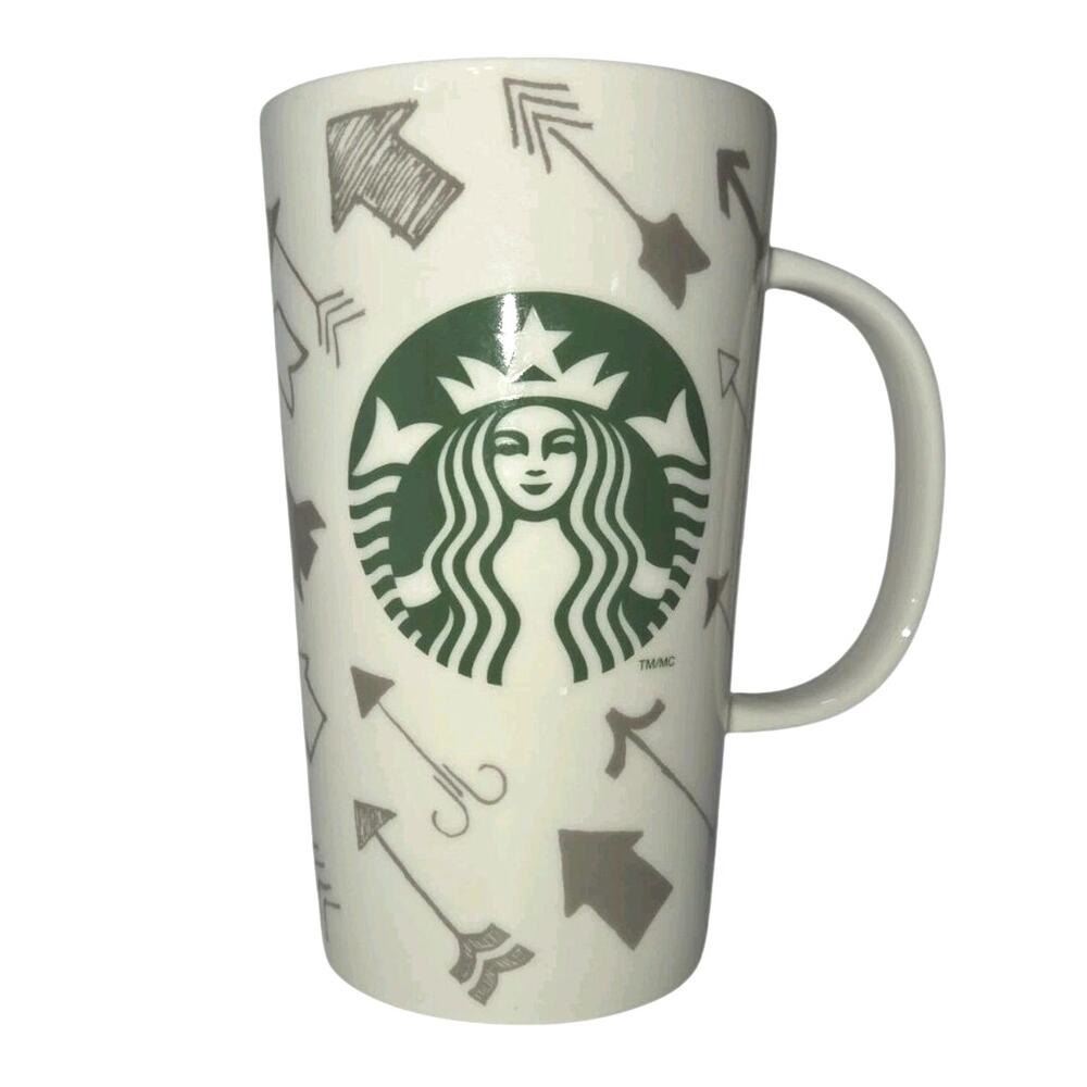 Starbucks 2016 Ceramic Mug 10 fl oz White with Green Siren Logo Arrow Pattern
